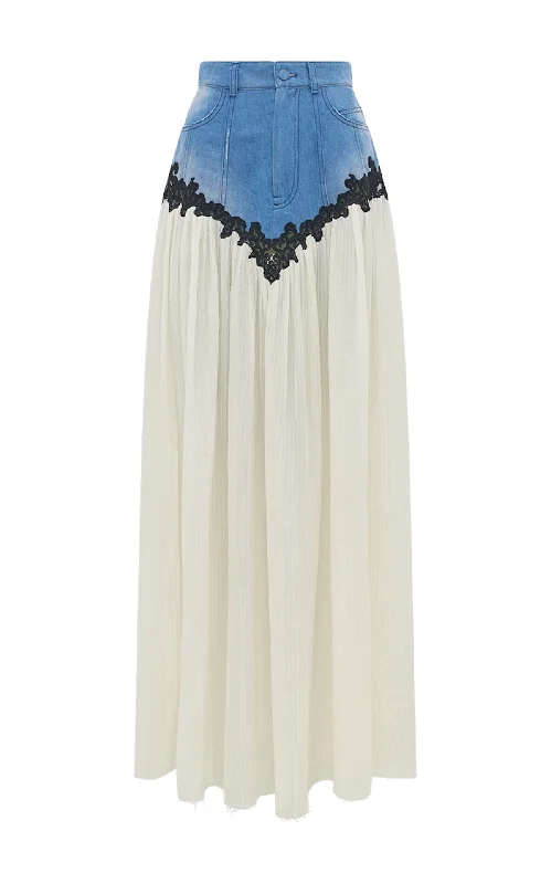 The Epitome Of Modern Women's Fashion Leigh Lace Maxi Skirt in Light Blue Recycled Cotton Linen Denim