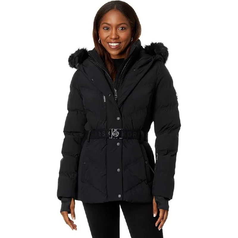Daily Essentials Michael Michael Kors Women's Belted Chevron Scuba Coat, Black