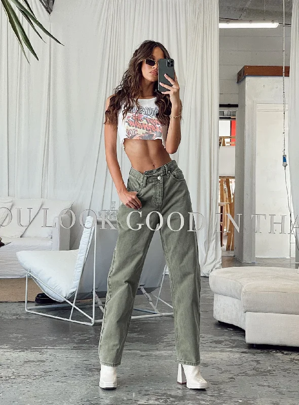 Exclusive Sale Holly Asymmetric Straight Leg Jean Green Denim