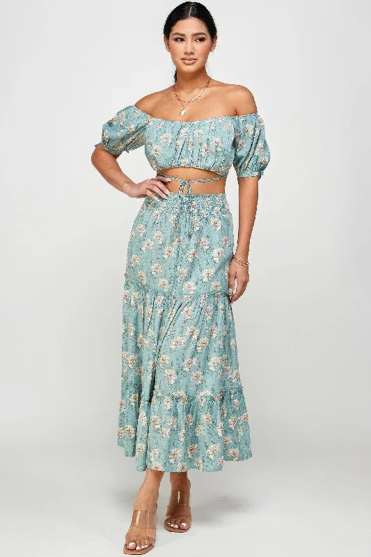 Premium Quality Garments Hot Girl Floral Off Shoulder Back Tie Top And Maxi Skirt Two Piece Set In Mint