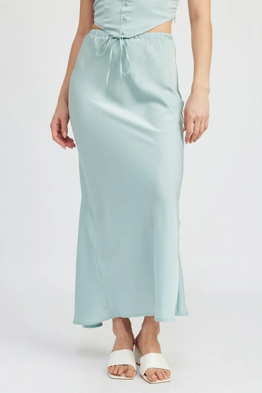 Style Without Limits Hot Girl Emory Front Tie Satin Midi Skirt In Aqua