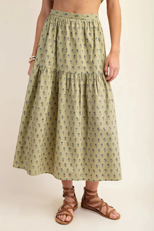 Seasonal Picks Hot Girl Monet Printed Tiered Cotton Midi Skirt In Sage