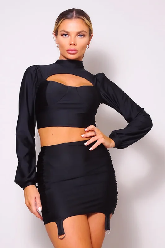 Season Appropriate Women's Collection Hot Girl Long Sleeve Mock Neck Top & Garter Mini Skirt Set In Black