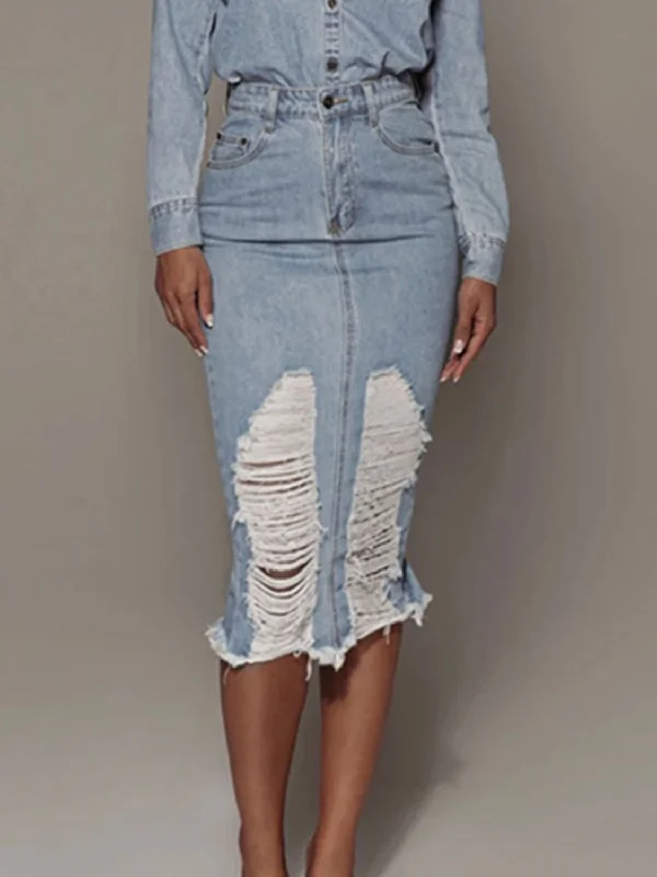 Bid Farewell To The Old Season Hot Girl Distressed Slit Denim Midi Skirt In Light Wash