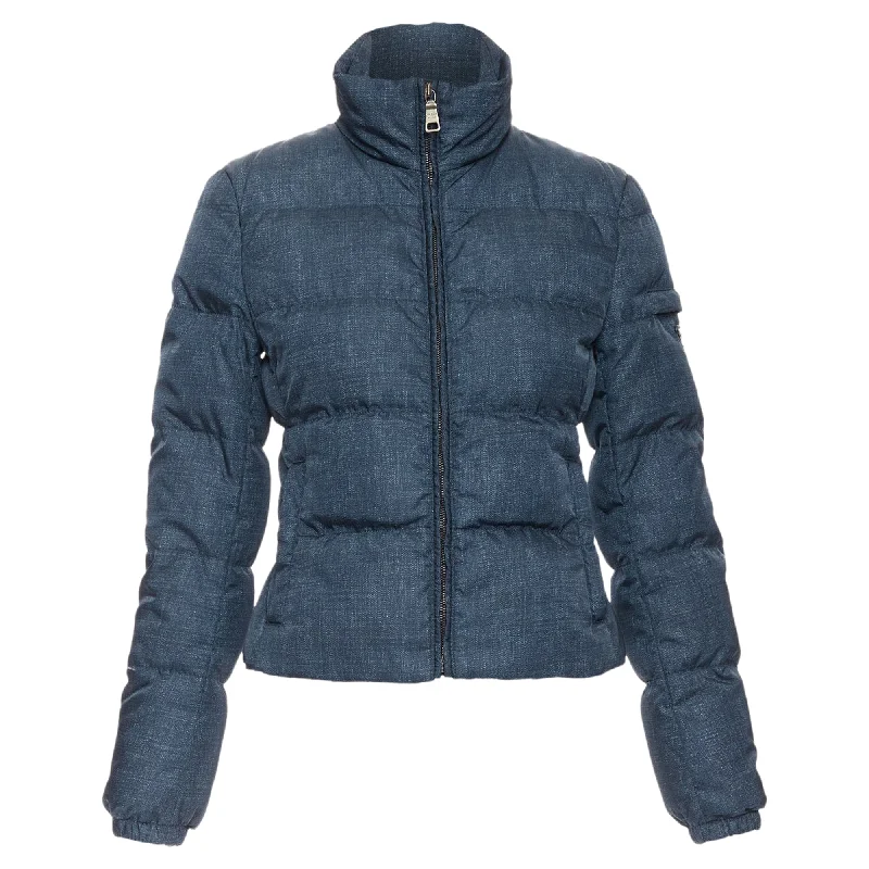 Mega Sales Prad navy denim fabric print triangle logo cropped puffer jacket