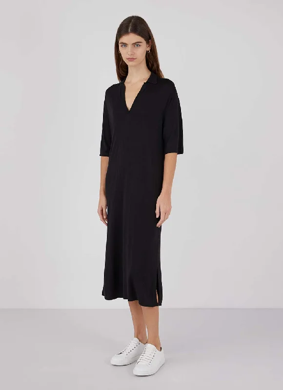 Versatile Wardrobe Essentials Women's Merino Silk Polo Dress in Black