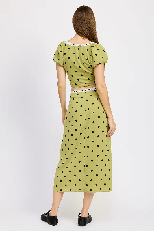 Inspired By You, Designed For You Hot Girl Trad Wife Lace Trim Polka Dot Midi Skirt In Olive