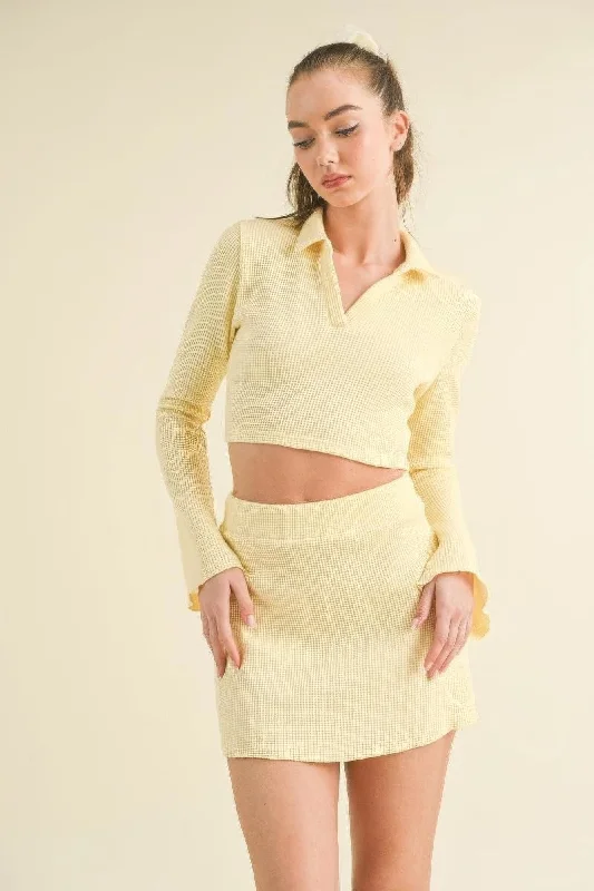 Fashion Forward, Function First Hot Girl Waffle Knit Bell Sleeve Top And Skirt Two Piece Set In Yellow