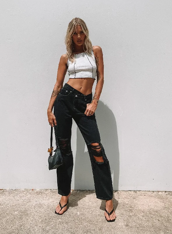 Trendy Fashion Sale Holly Asymmetric Ripped Leg Jeans Black Denim
