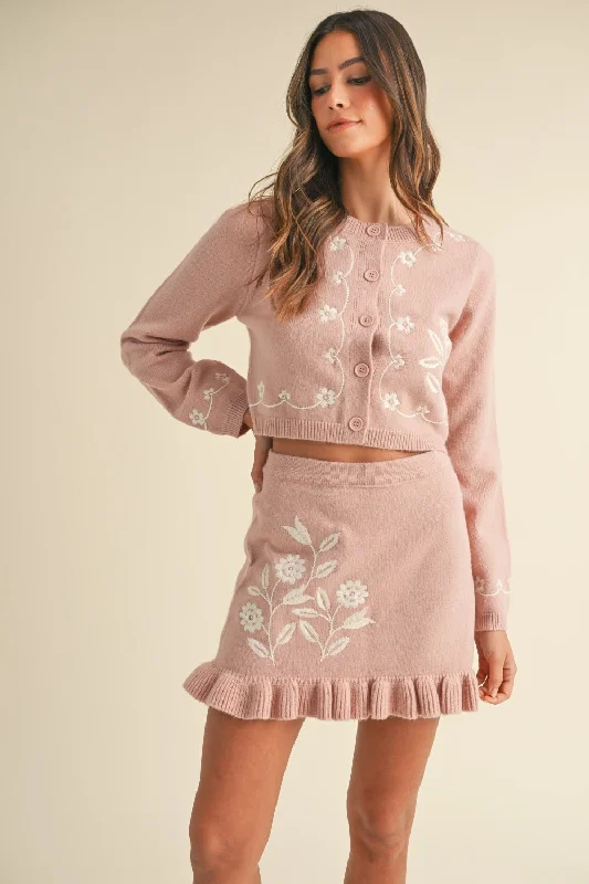 Effortless Comfort Hot Girl MABLE Floral Embroidered Cropped Cardigan and Ruffled Mini Skirt Set