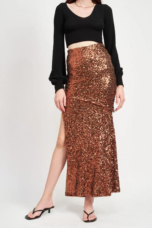 Stylish Savings Hot Girl Starlet Sequin Side Slit Maxi Skirt In Brown