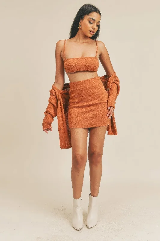 Break Fashion Norms Hot Girl Delilah Three Piece Skirt Set In Rust