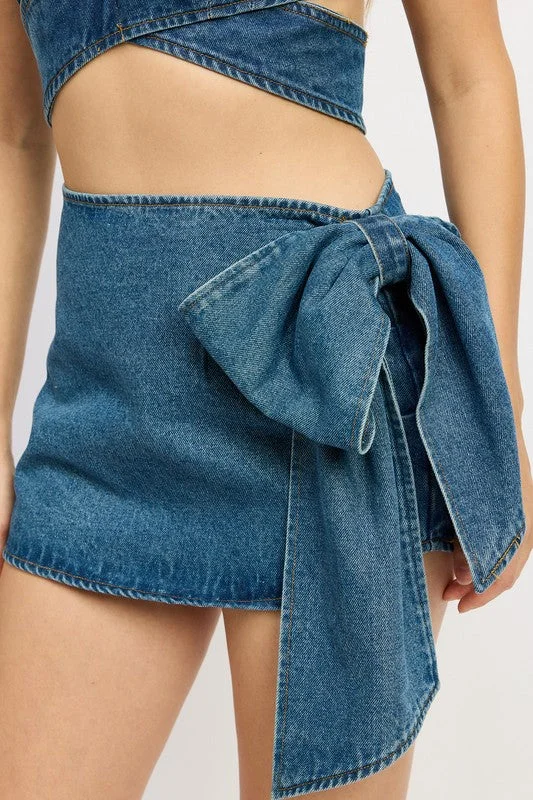 Beat The Heat In Tropical Styles Hot Girl Demi Couture Bow Detail Denim Mini Skirt