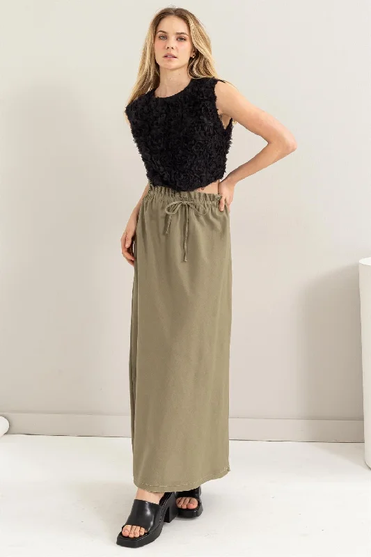 Wardrobe Essentials Hot Girl Drawstring Washed Linen Maxi Skirt In Olive