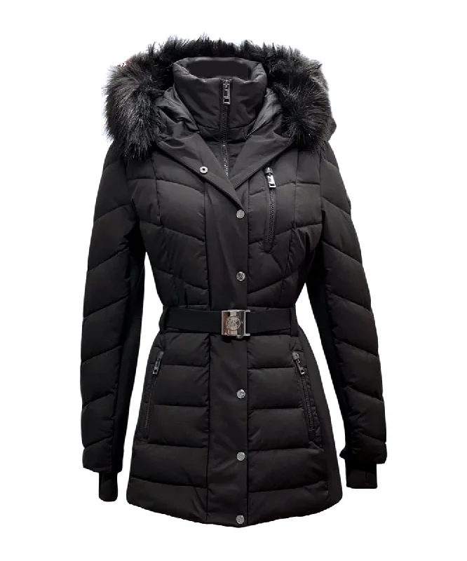 Seasonal Fashion Michael Michael Kors Women's Belted Chevron Scuba Stretch Quilted Coat, Black