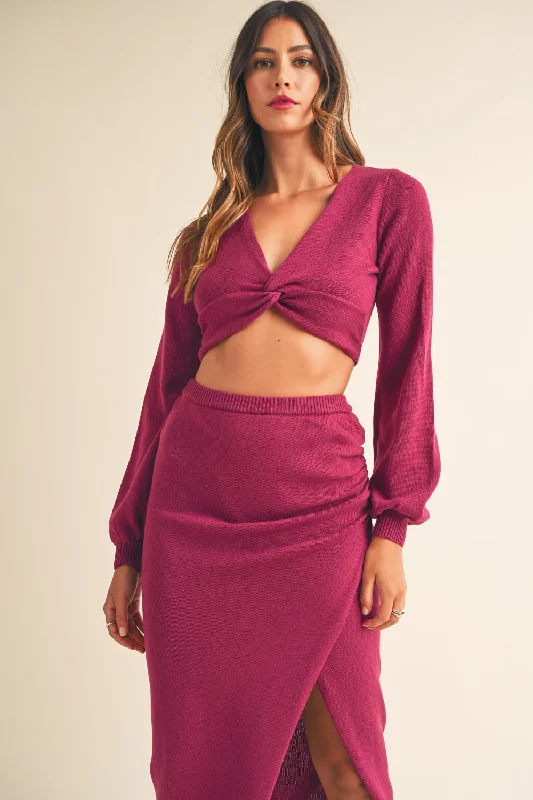 Romantic Date - Night Ensemble Hot Girl MABLE Front Twisted Knit Top and Midi Skirt Set In Magenta