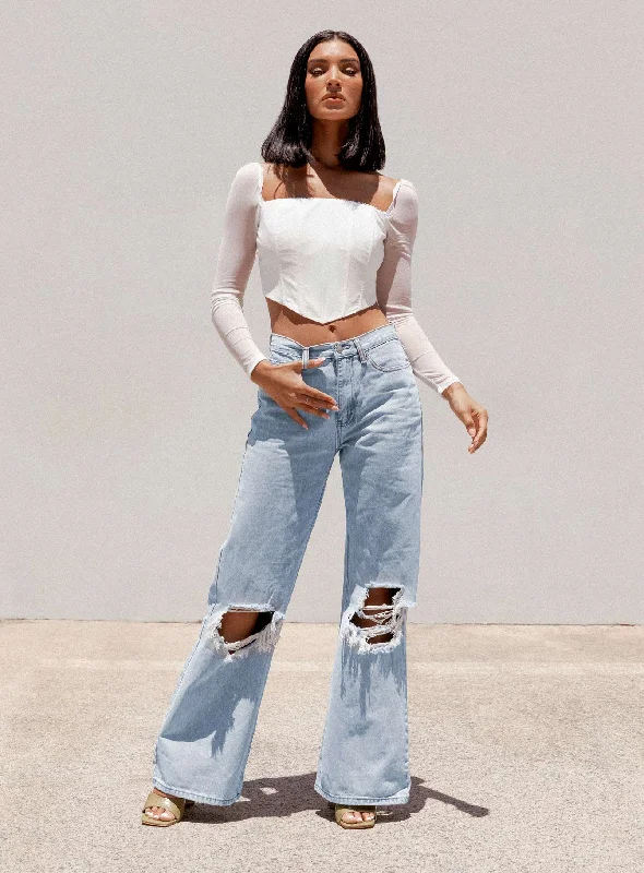 Graceful Drape Maple Flare Jeans Knee Rips Light Wash Denim