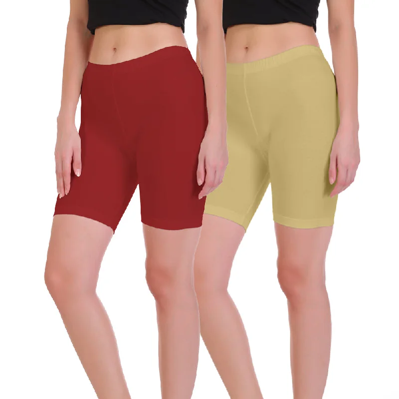 Father's Day Deals T.T. Pearl Women 100% Cotton Multipurpose Shorts Pack Of 2 Maroon & Skin