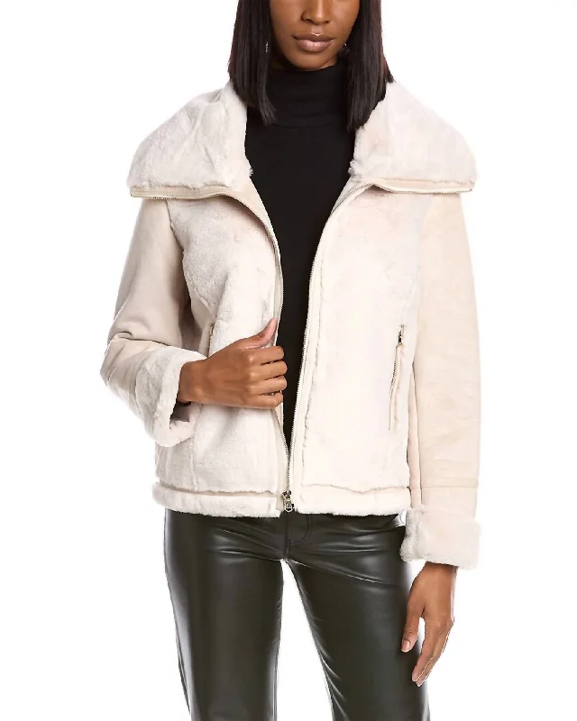 Chic Styles Eliza Faux Suede/fur Zippered Jacket In Cream