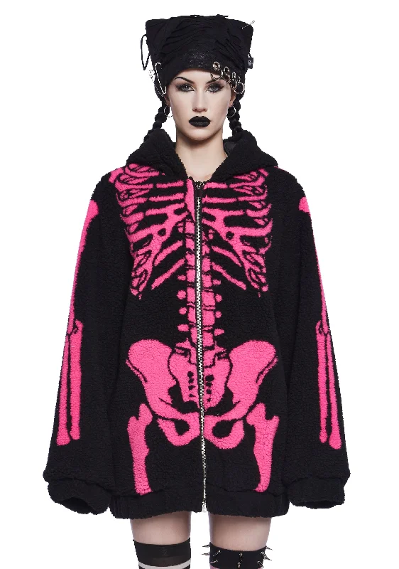 Stay Ahead In Style Baring It All Skeleton Hooded Sherpa Jacket - Pink