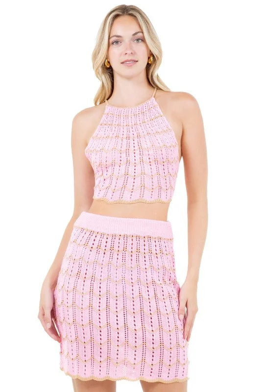 Romantic Detailing Hot Girl Candy Knit Cropped Halter Top And Skirt Set In Pink