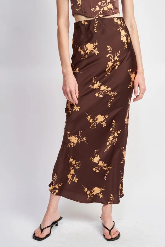 Seasonal Style Discounts Hot Girl Peruvian Lily Floral Satin Maxi Skirt In Brown