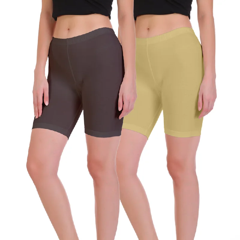 Fashion Forward Style T.T. Pearl Women 100% Cotton Multipurpose Shorts Pack Of 2 Skin & C.Brown