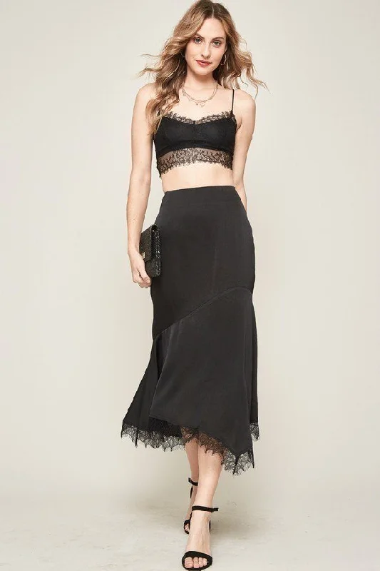 Bold Fashion Hot Girl Satin Lace Detail Midi Skirt In Black