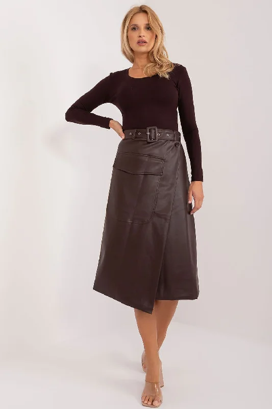 Casual Fashion Factory Price Asymmetrical Faux Leather Belted Midi Skirt In Brown