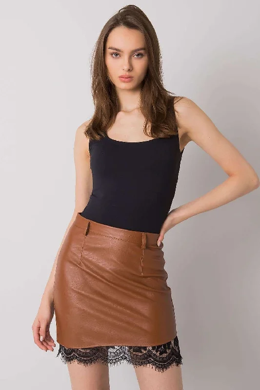 Season Sale Italy Moda Faux Leather Lace Accent Mini Skirt In Brown