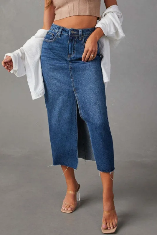 Chic Sophistication Hot Girl Slit Raw Hem Midi Denim Skirt