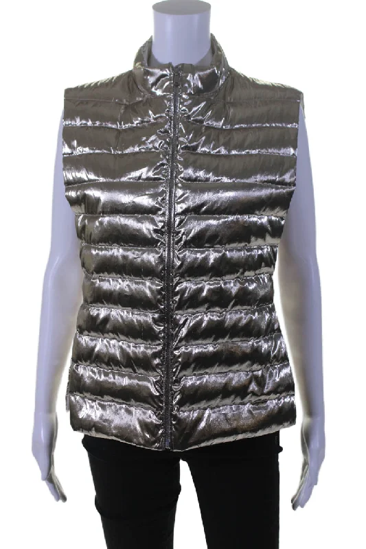 Casual Chic Seventy Womens Metallic Silver High Neck Zip Up Puffer Vest Jacket
