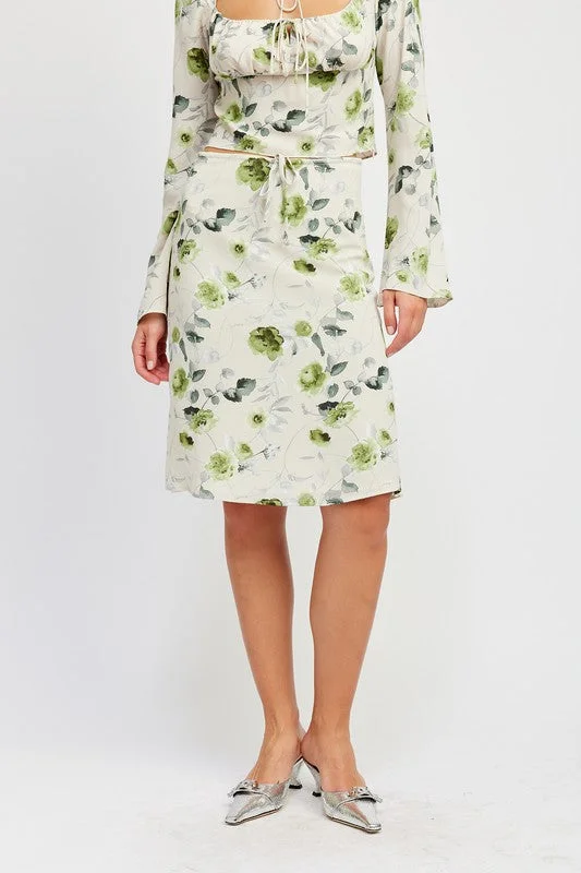 Shop Sales Hot Girl Green Ivy Floral Drawstring Midi Skirt