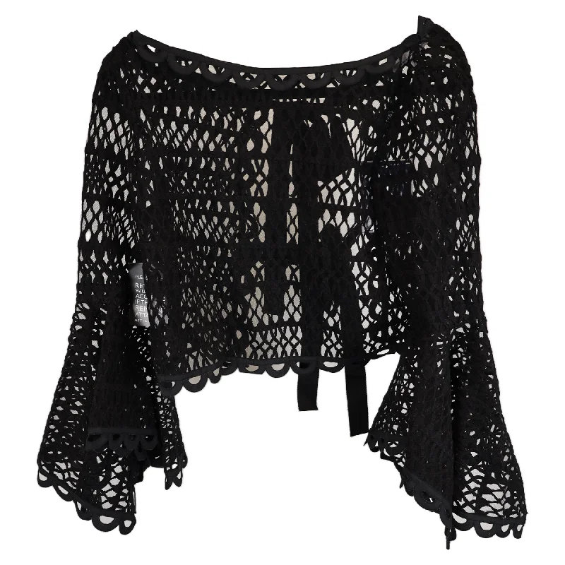 Trendy Women's Wear Collection Oscar de la Renta Caraco Bow-Embellished Guipure Lace Top In Black Cotton