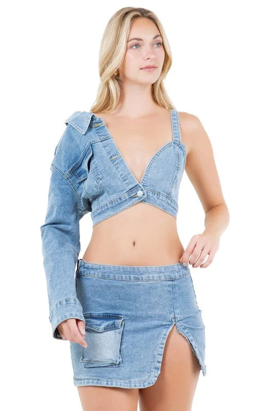 Alluring Design Hot Girl Denim Dreams Two Piece Top And Mini Skirt Set