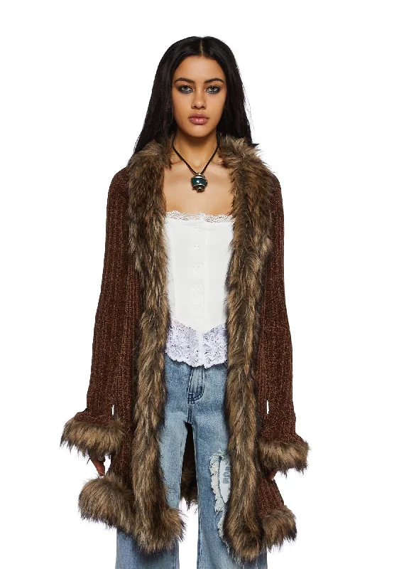 Final Clearance Furry Foe Long Cardigan-Brown