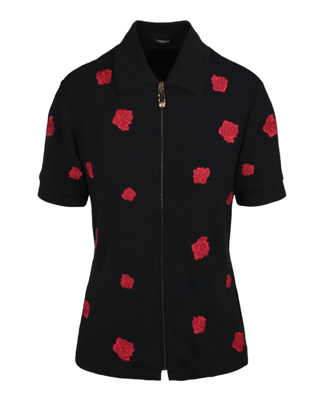 Exclusive Discount Zip Up Rose Embroidered Short Sleeve Shirt