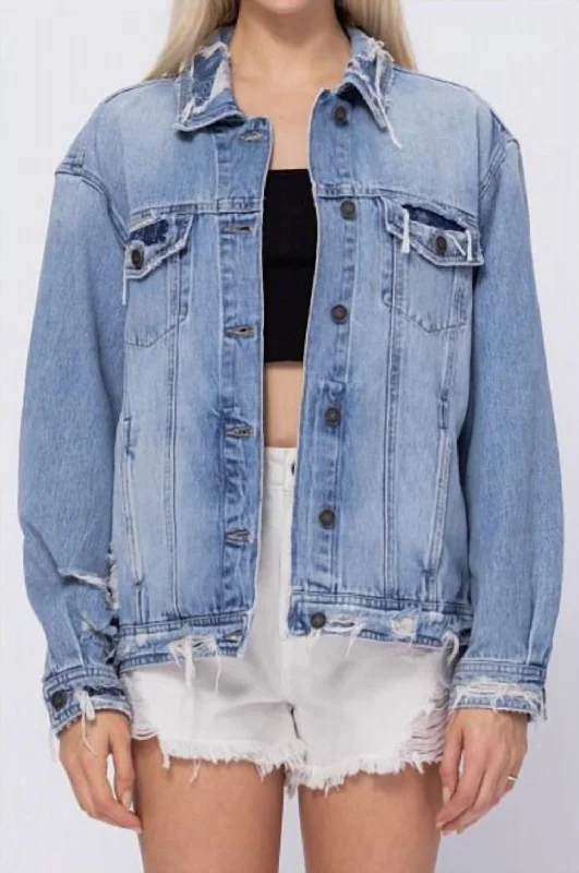 Soft Textures Women's Distressed Bandana Oversized Denim Jacket In Light Wash