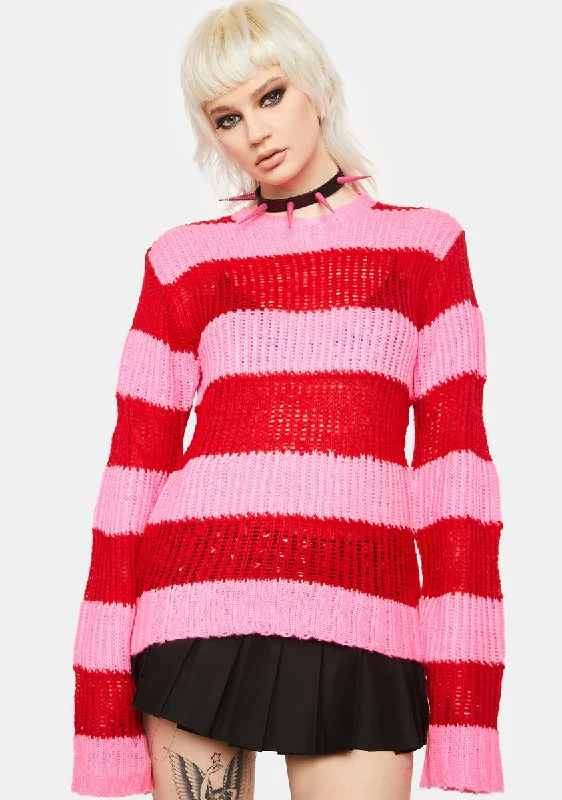 Big Savings Pink Red Open Stripe Knit Sweater