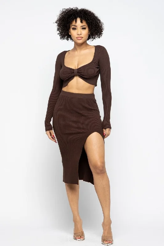 Imeless Style Hot Girl Coco High Slit Skirt Two Piece Set In Chocolate Brown