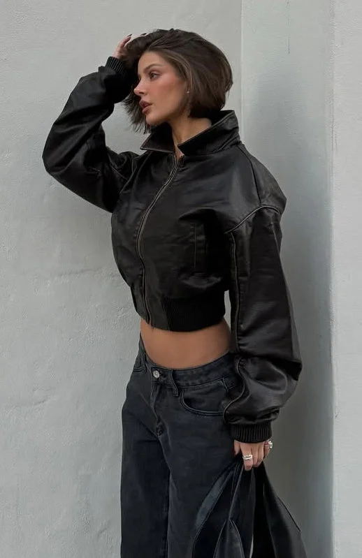 Refined Look Wise Beyond PU Bomber Jacket Chocolate