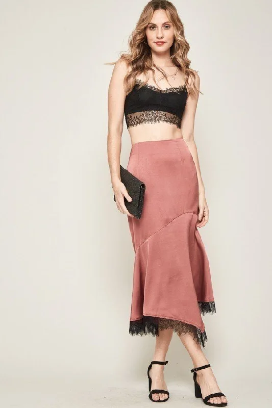 Casual Chic Clothing Hot Girl Satin Lace Detail Midi Skirt In Rose