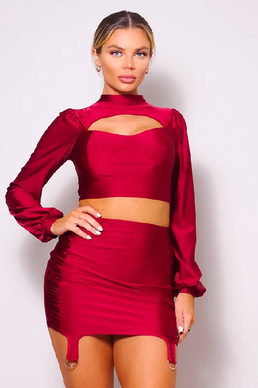 Trendy Street Style Attire Hot Girl Long Sleeve Mock Neck Top & Garter Mini Skirt Set In Red