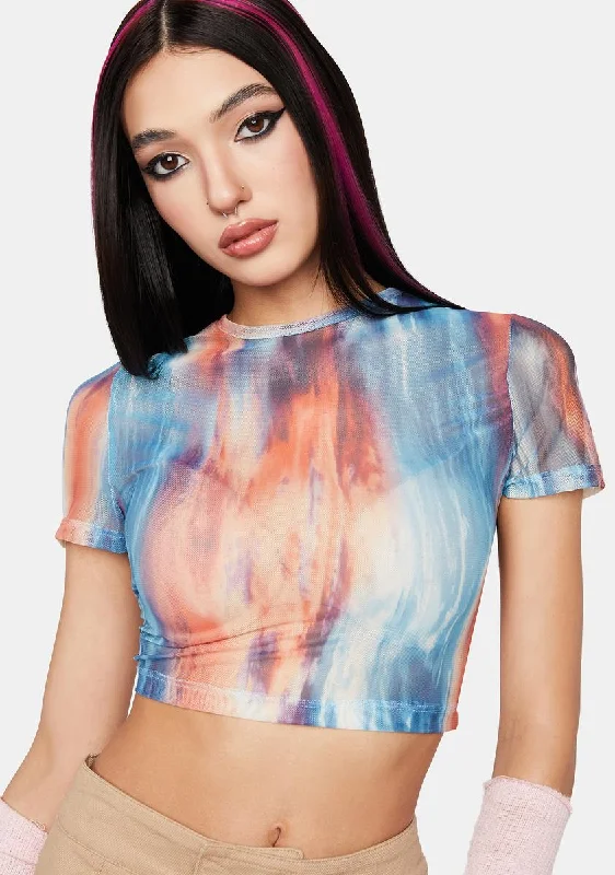 Trendy Attire For Her Sunset Print Mesh Baby Tee