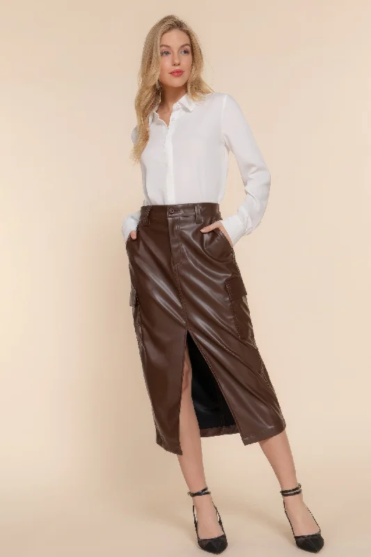 Limited Stock, Big Sale Hot Girl Florence Faux Leather Cargo Midi Skirt In Brown