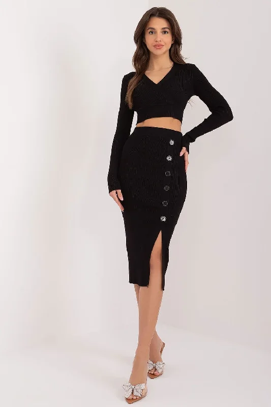 Chic & Cozy Collection Factory Price Ribbed Cropped Sweater And Button Accent Midi Skirt Two Piece Set