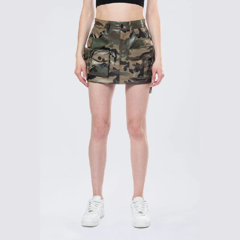 Discounts On Casual Weekend Styles Utility Vegan Leather Mini Skirt - Wood Camo