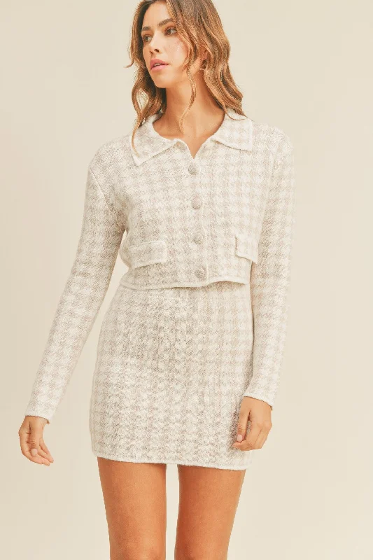 Refined Simplicity Hot Girl MABLE Houndstooth Cropped Knit Cardigan and Mini Skirt Set In Beige