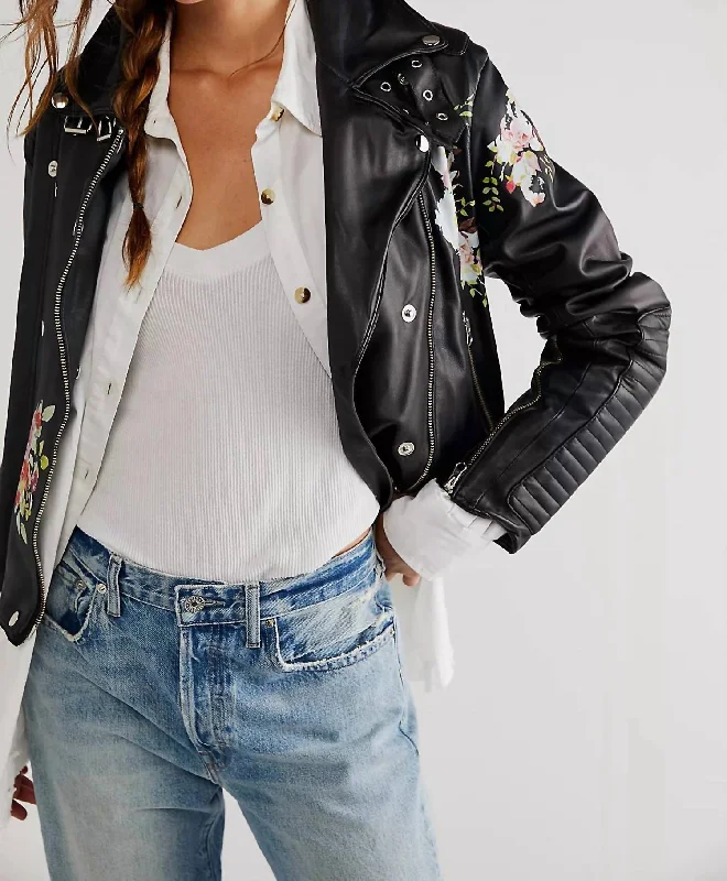 Bold Fashion Harley Floral Leather Jacket In Black