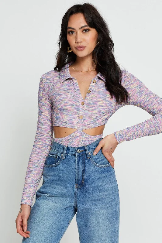 Chic Styles Multi Bodysuit Top Long Sleeve
